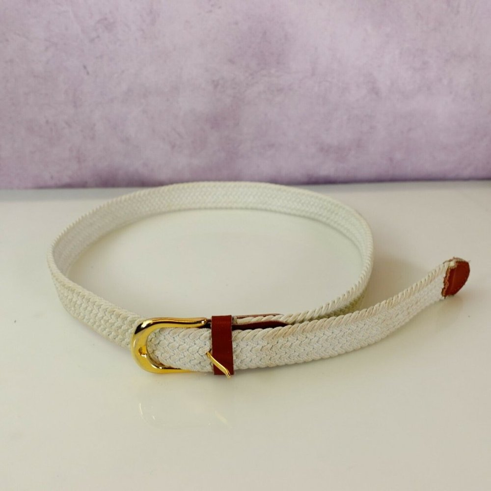 Women's White Brown Braided Belt LARGE Leather Office Boho Gold Pleated D‎ Ring